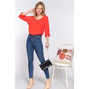 3/4 Roll-Up Sleeves/ Round Neck/ Pleated Detail Woven Blouse Tops For Women